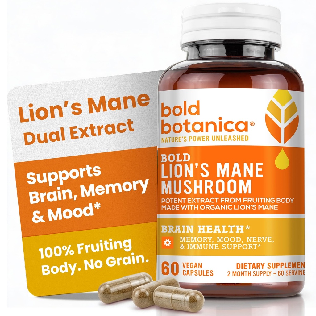 Bold Botanica Lion 's Mane Houba Kapsle - 100% Plodující tělo - Koncentrované organické Lion' s Mane Extrakts - Nootropic Brain Health - Paměť, Mood, Imunitní podpora - 60 Vegan Kapsle