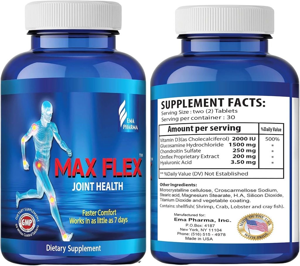 MAX FLEX UC II, dodatek ke kolagenu pro společné zdraví - Advanced Joint Support Supplement with Glucosamine, Chondroitin, Joint Inflaminating Relief as Turmeric - Gluten Free - 60 tablet, 2 tablety / den