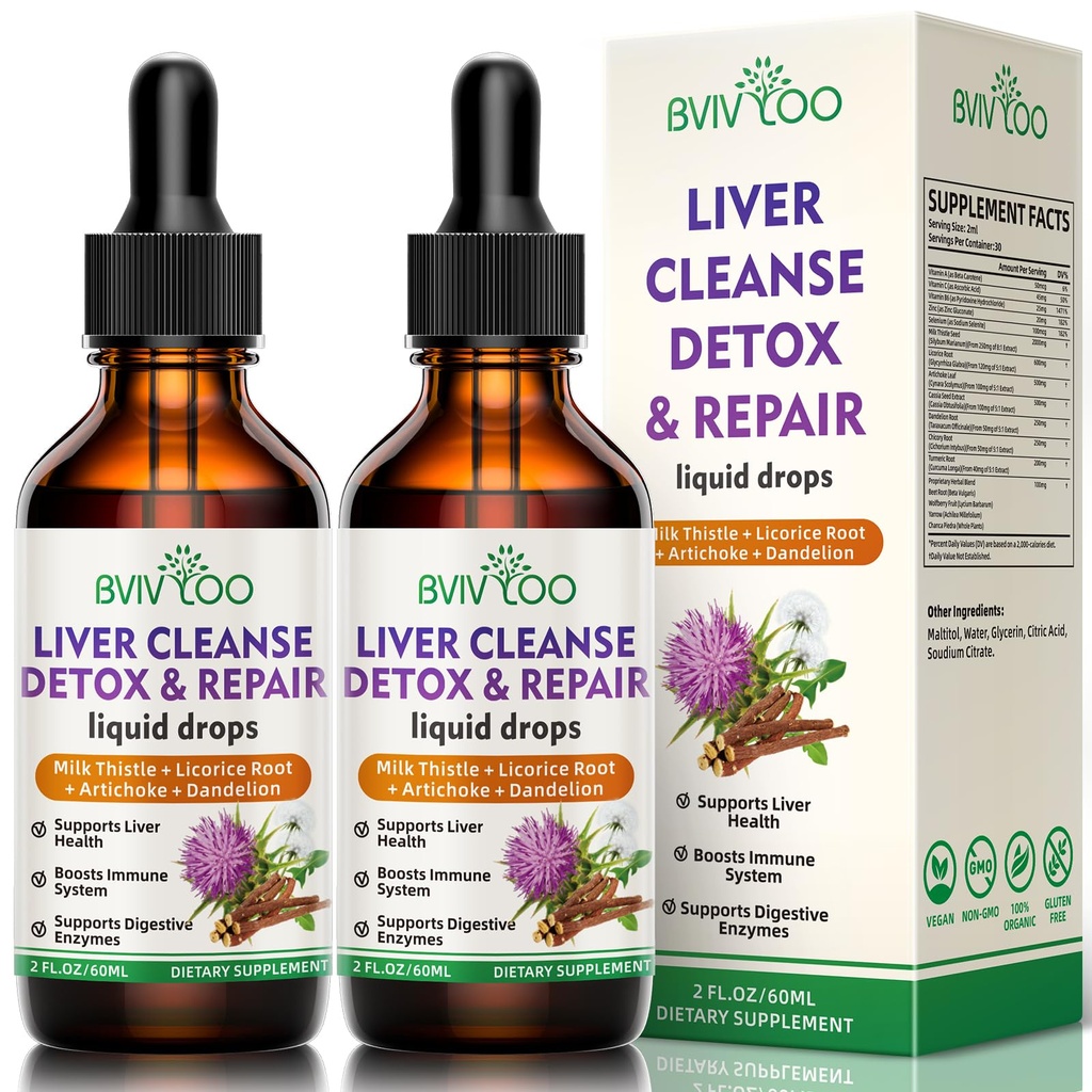 2 Pack Heath Health Liquid Drops - 2000mg Milk Thistle, Dandelion Root, Artichok, Silymarin Extract, & Turmeric Herbs - Vegan, Non- GMO - 4 Fl Oz (120ml)