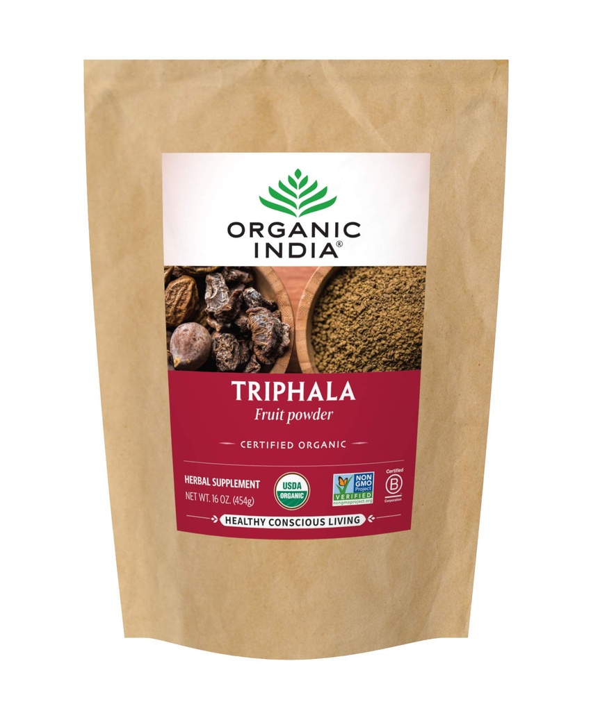 Organic India Triphala - Bylinný dodatek s Amla, Bibhitaki, Haritaki, Digestion & Colon Support, Imunitary System Support, Adaptogen, Vegan, USDA Certified Organic - 1 LB Bag