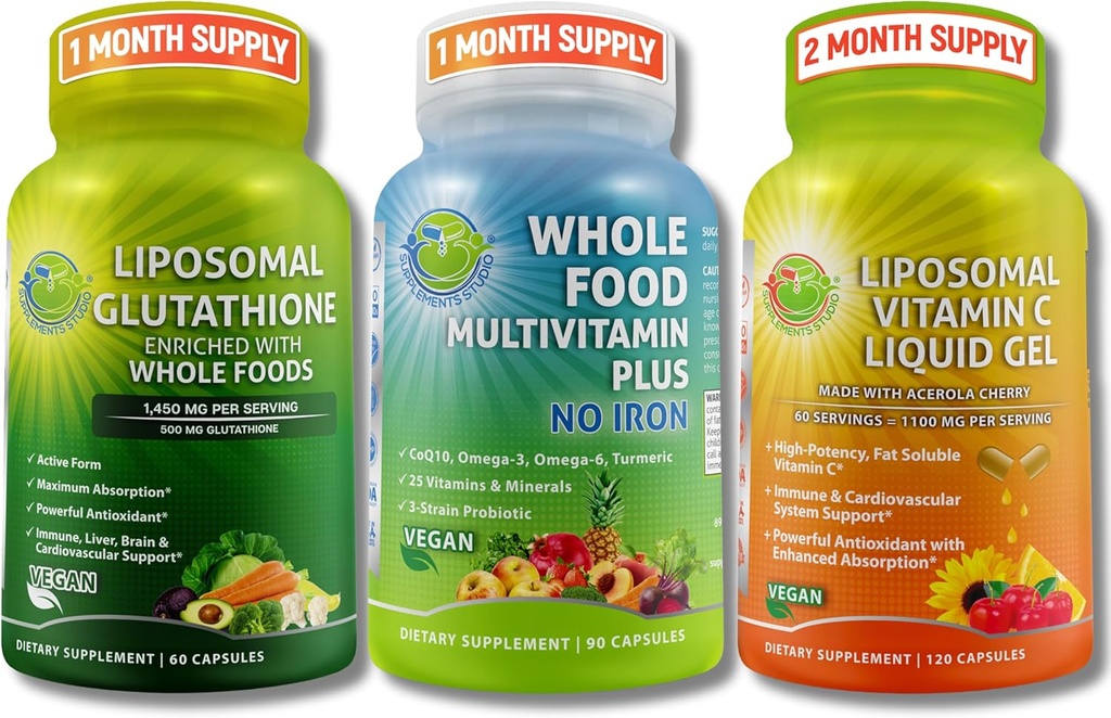 Denní imunní, antioxidant a energetická podpora Bundle - Liposomal Glutathione 500 mg s Whole Foods + Liposomal Vitamin C 1100mg Tekutý gel + Vegan Celé jídlo Multivitamin Bez železa