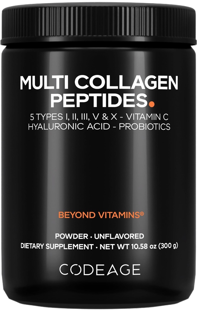 Codeage Multi kolagen Peptides Powder + Probiotika Black Edition, Vitamin C, Hyaluronic Acid Powder Supplement, Grass- Fed, Hydrolyzované, Nulové sacharidy, Typ I, II, III, V & X, Neochucené, 10.58oz