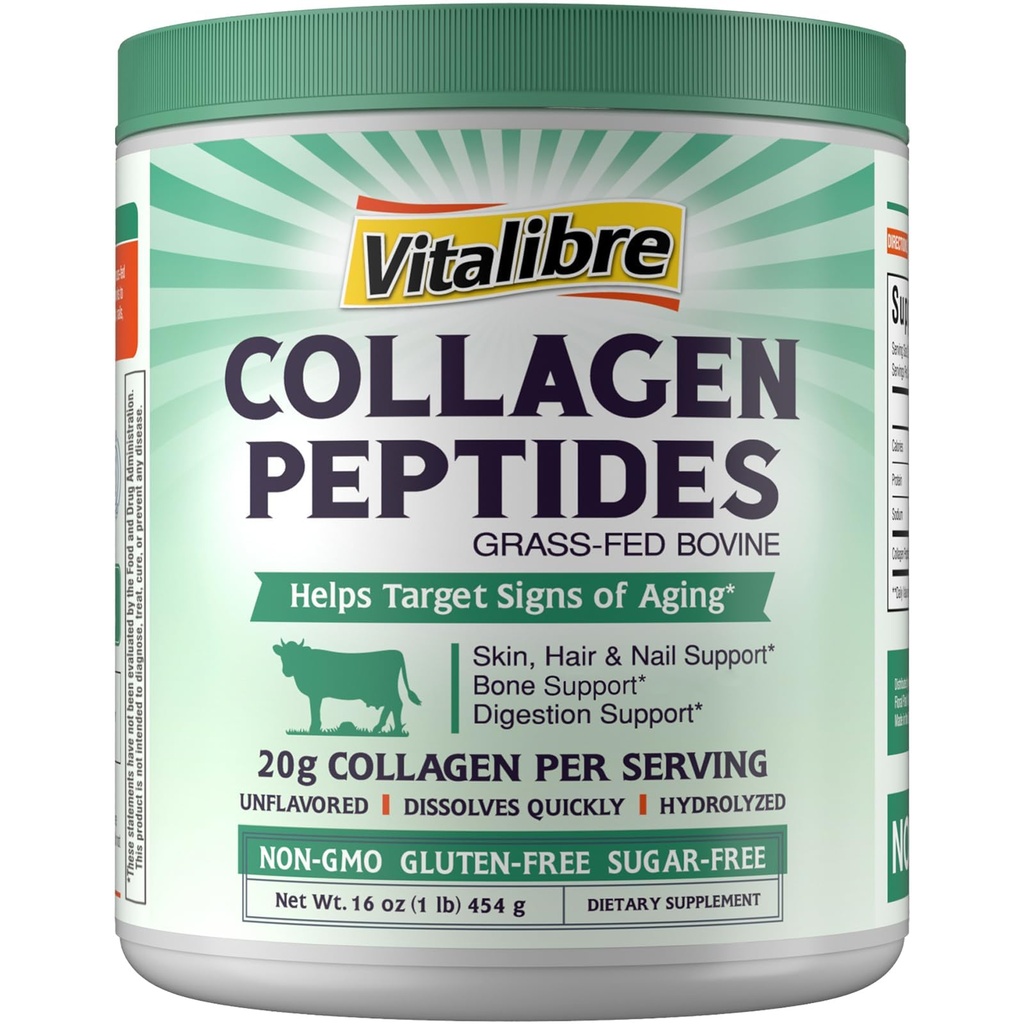 Bovine Collagen Peptides prášek pro ženy a muže, Grass- Fed hydrolyzované kolagen protein typu I & III, kůže, vlasy, nehty, kosti, trávení, bez příchutí, Non- GMO, Keto & GF, 22 Služeb, 16oz