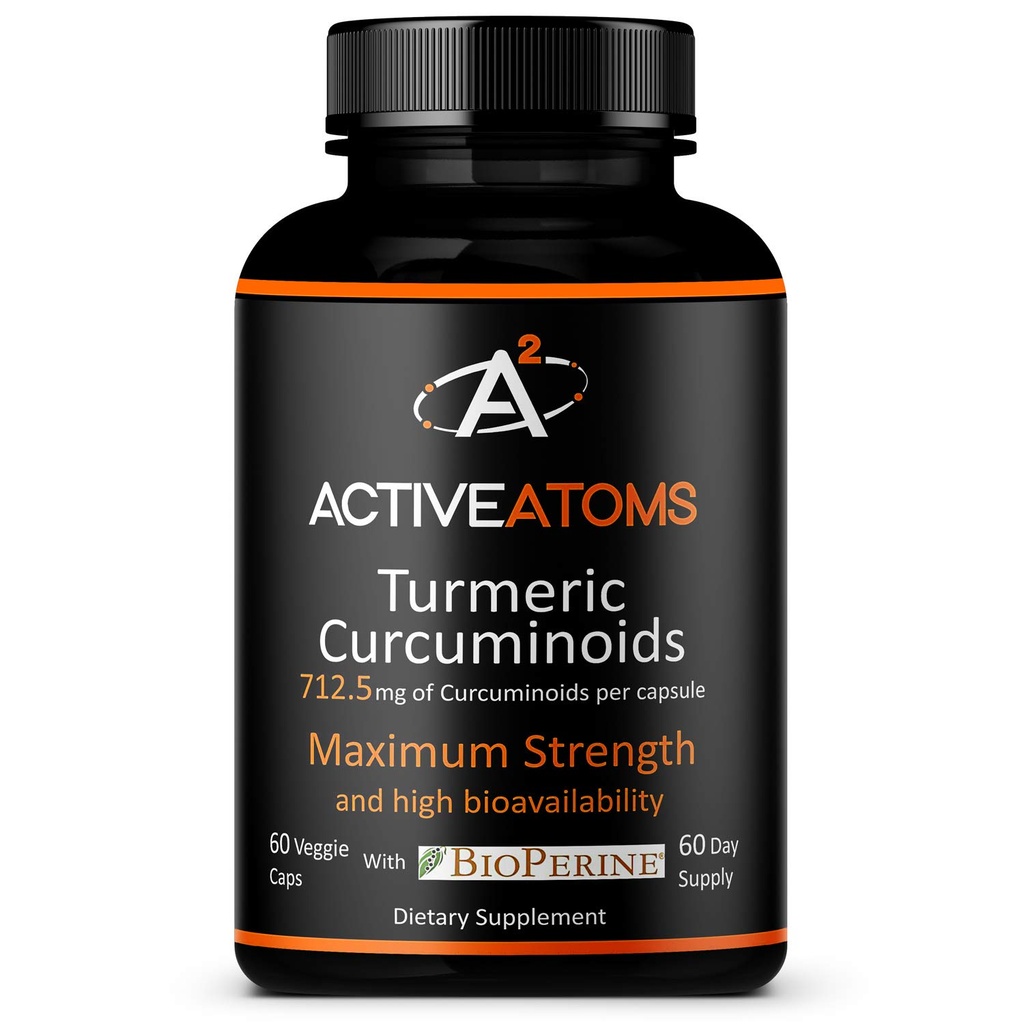 Active Atoms Turmeric Extract, Extra Strength with BioPerine ® Black Pepper 750 mg Turmeric Extract per One 00 "Capsule, Standardizované 95% Kurkuminoidy, Non- GMO, 60 Veggie Capsules 60 Day Supply