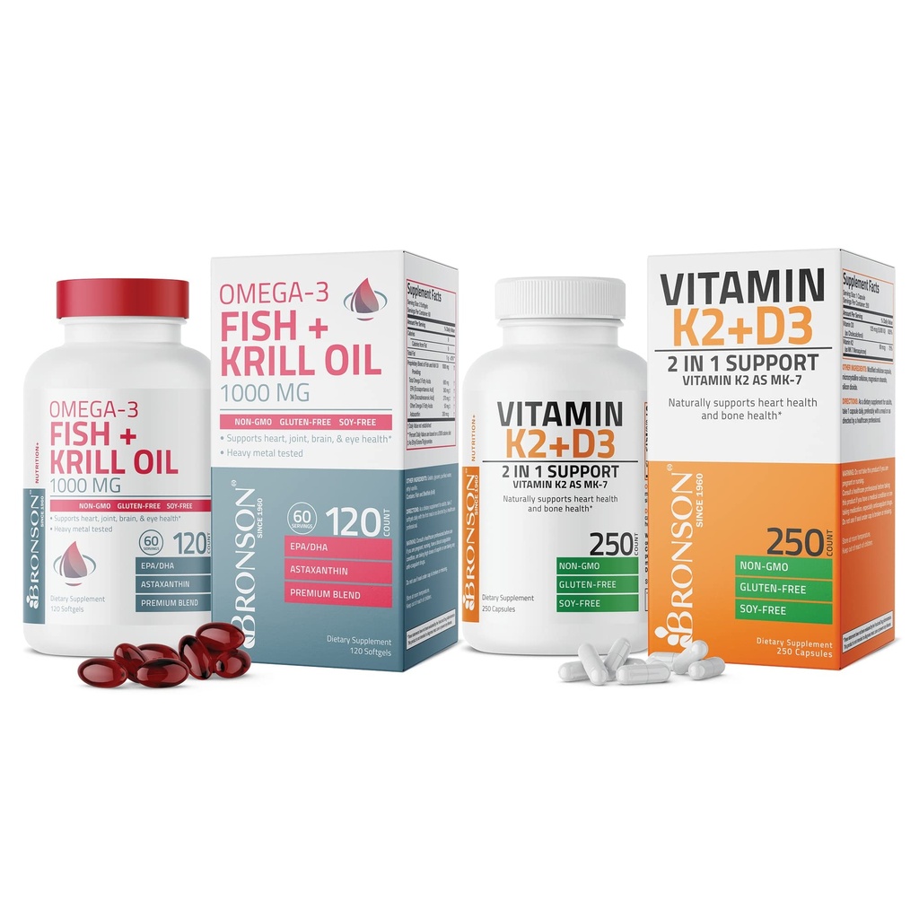 Bronson Vitamin K2 (MK7) s doplňkem D3 Omega-3 Ryby + Krill Oil 1000 MG