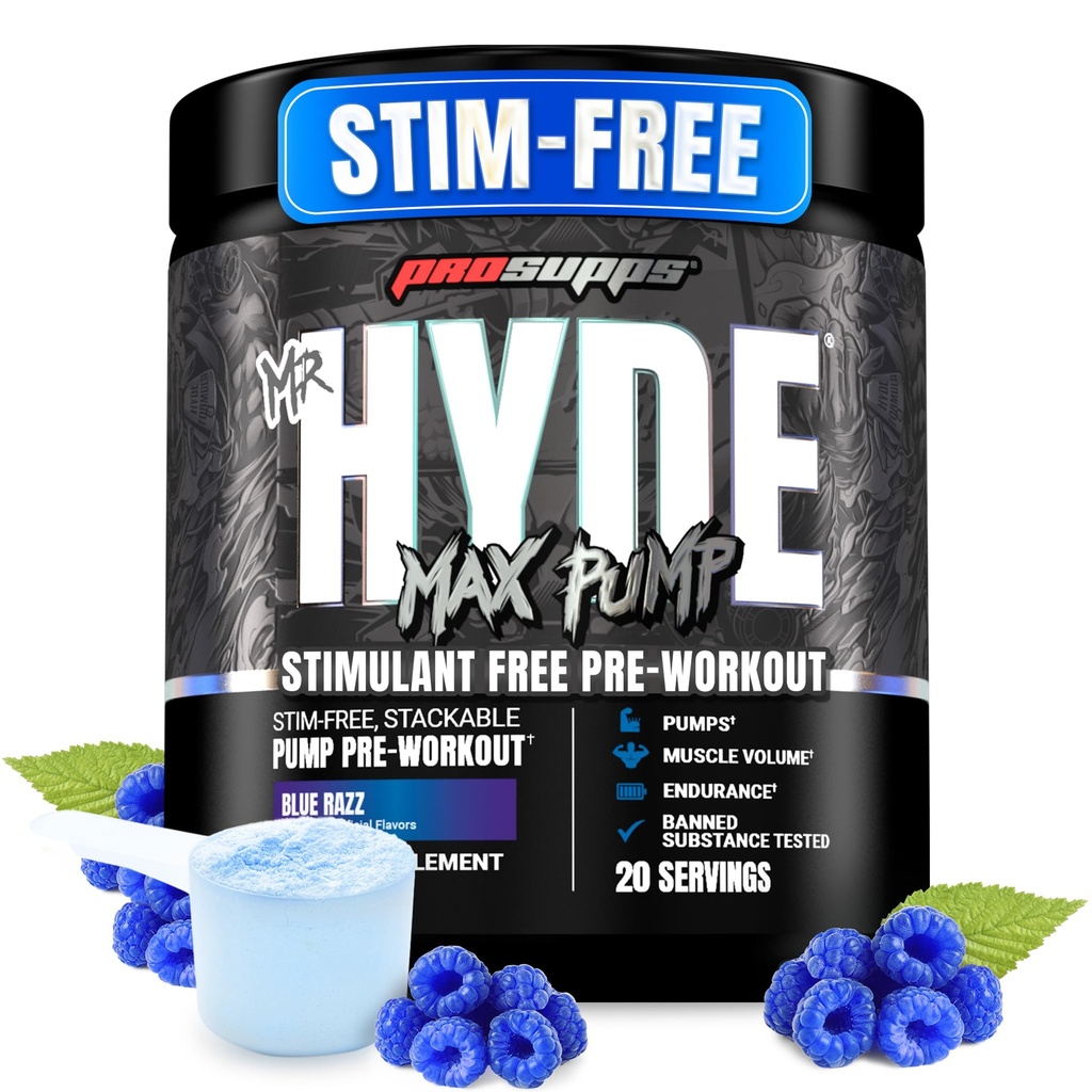 ProSupps Mr. Hyde Max Pump Pre Workout Powder - Stim- Free Preworking Podporuje krevní tok, Muscle Volume & Endurance - Caffeine- Free Nitric Oxide Gym & Fitness doplňky (Blue Razz, 20 Služeb)