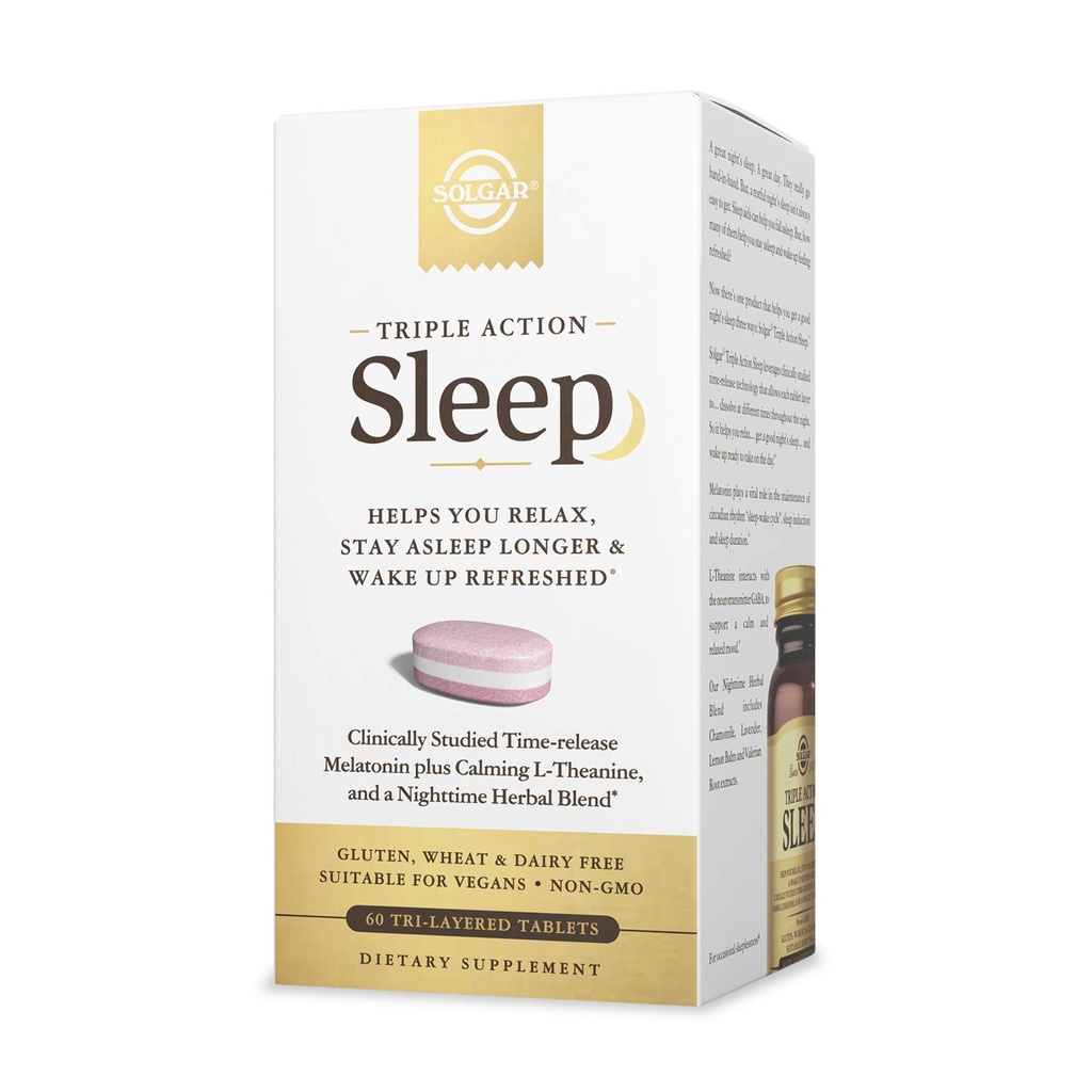 Solgar Triple Action Sleep, 60 Tri-Layer Tablety - Time-Release Melatonin & L-Theanine Plus Bylinné míchání - Pomáhá vám relaxovat, Spadnout a spát rychle a zůstat déle - Non- GMO, Gluten zdarma - 60 Služeb
