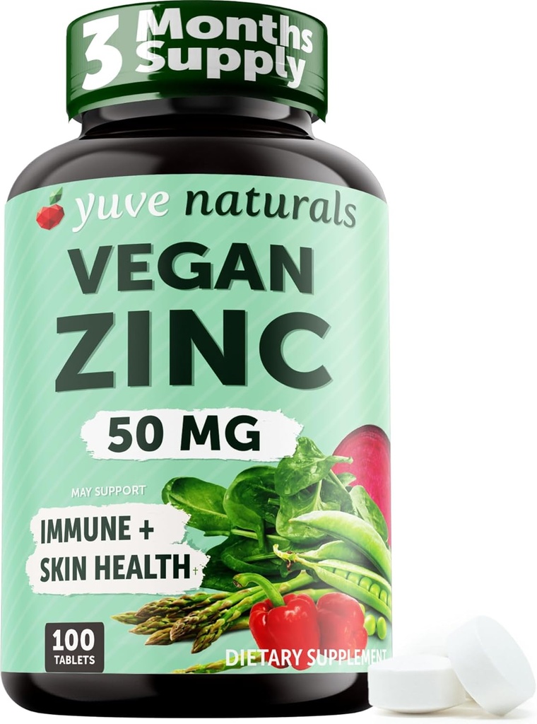 Yuve Naturals Vegan Zinek 50 mg - Zinkový glukonát pro imunitní a kožní podporu - Gluten Free, Non GMO, Plant based - 100 Snadno spolknout tablety