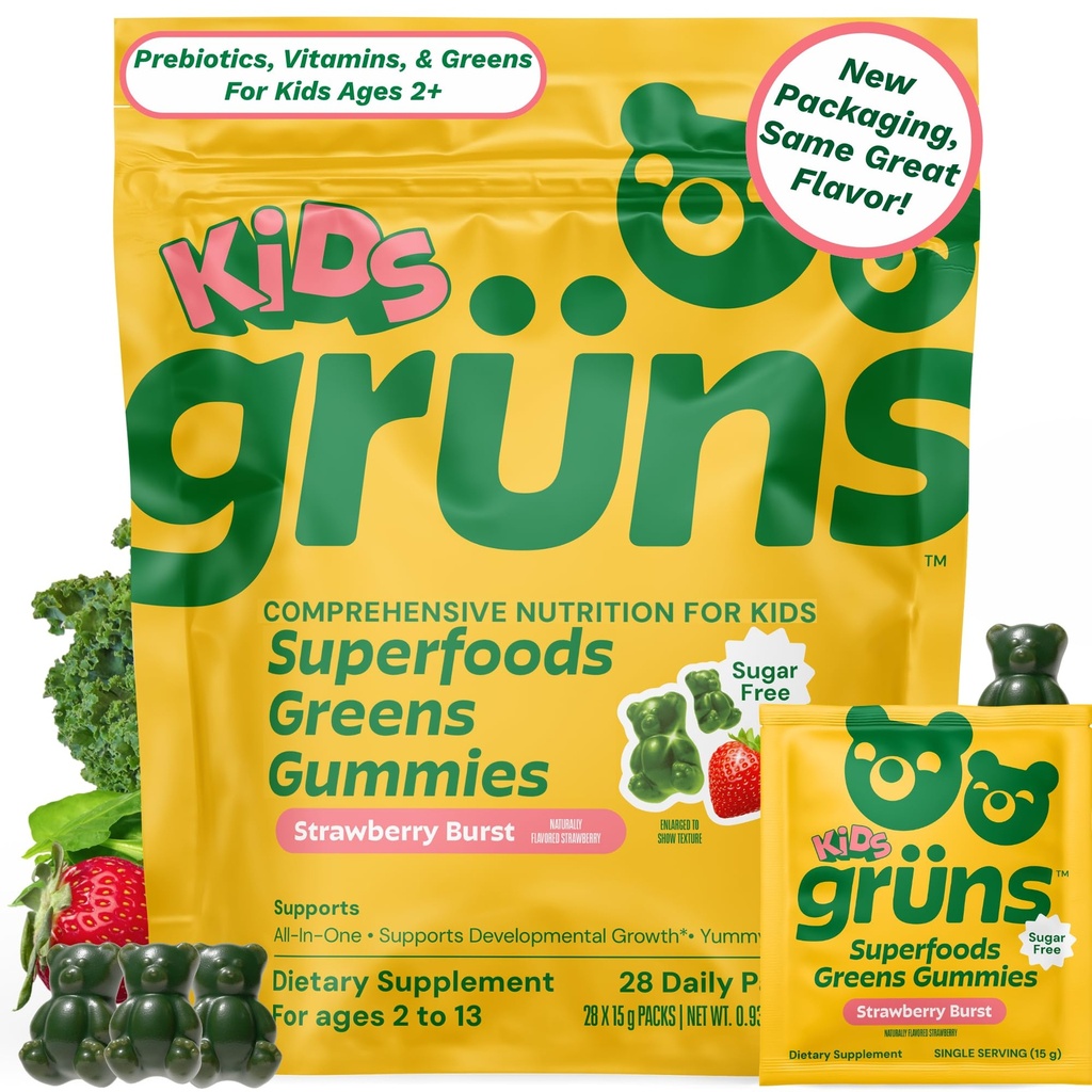 Gruns Děti Vitamíny, Super Zelené Gummies, Sugar- Free Superfood Gummy Medvědy se Spirulina, Chlorella, Prebiotika Vlákna pro stravitelné zdraví, Adaptogeny dodatek, 20 Vitamíny & Minerály, 28 den balení