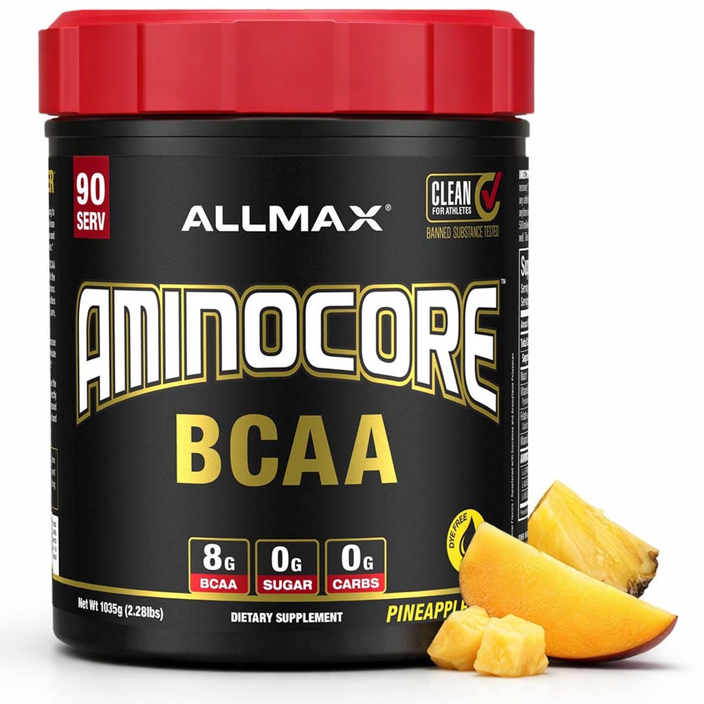 ALLMAX Nutrition AMINOCORE BCAA, Ananas Mango - 945 g Prášek - 8.18 Gramy rozvětvených kyselin Amin Per Serving - s B Vitamíny - No Filler nebo Non- BCAA Aminos - Cukr zdarma - 90 Služeb