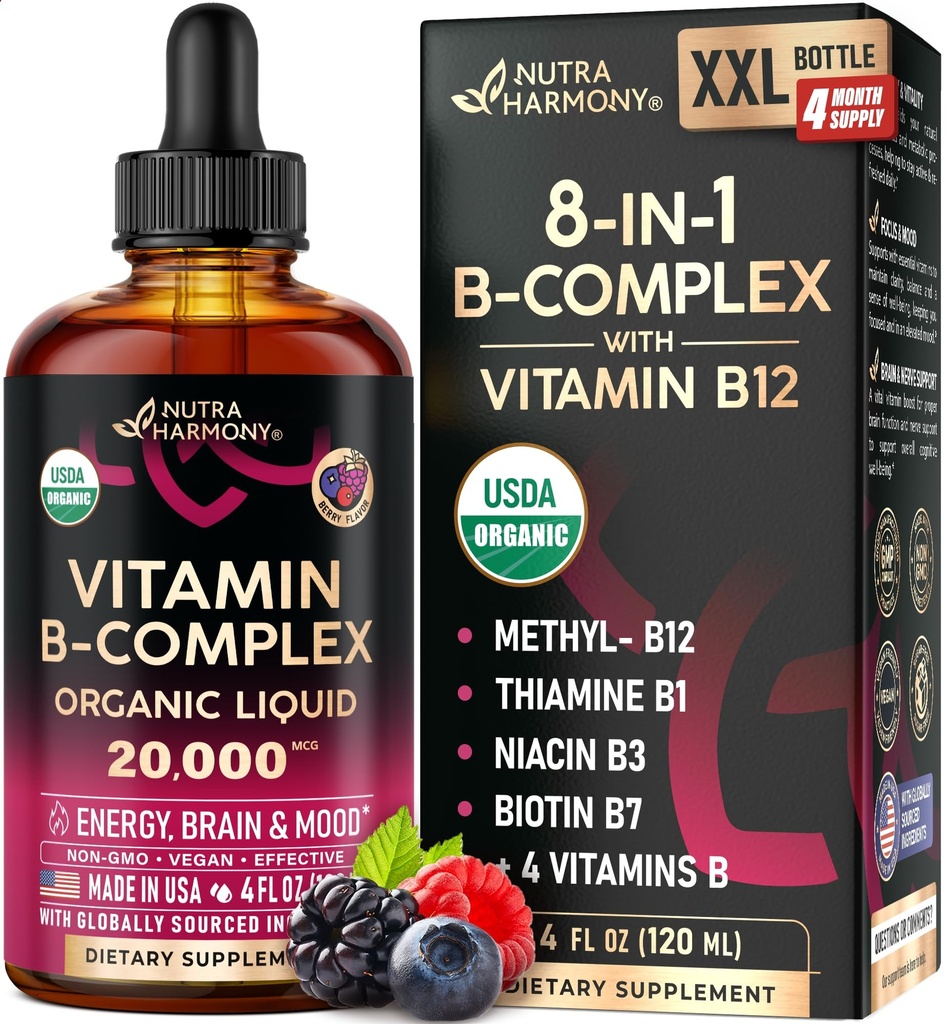 USDA Organic Vitamin B- Complex B5 Pantothenic Acid PHAR124; B12 Methylkobalamin PHAR124; B1 Thiamin PHAR124; B6 Pyridoxin PHAR124; B7 Biotin PHAR124; B9 Folic PHAR124; B3 Niacinamid - B Complex Liquid Drops, Made in USA Supplement, 4fl oz