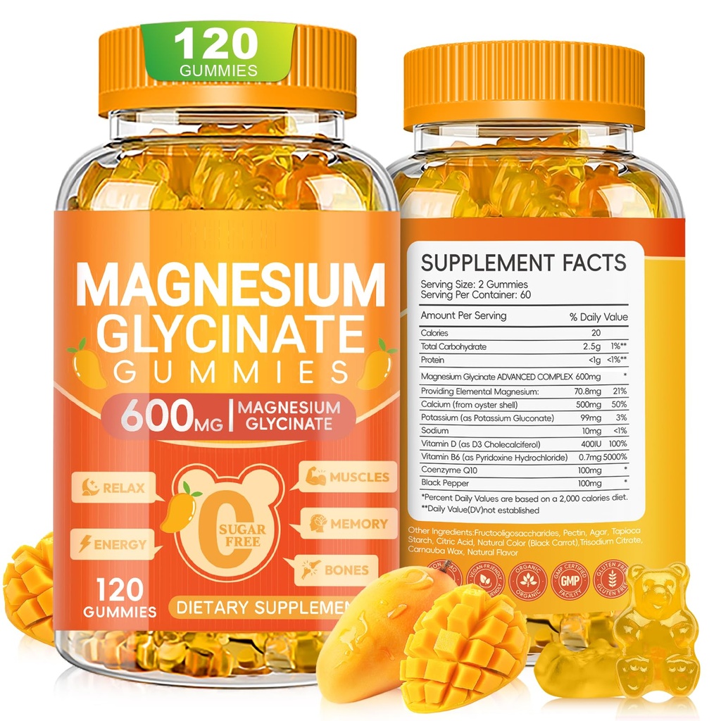 Glycinátové gumy hořčíku 600 mg, Žvýkací cukr bez draslíku Magnesium- gumy s magnesium- glycinátem, vitamin D, B6 a CoQ10 pro spánek, relaxace, mozek & svalovina, 120 Počet