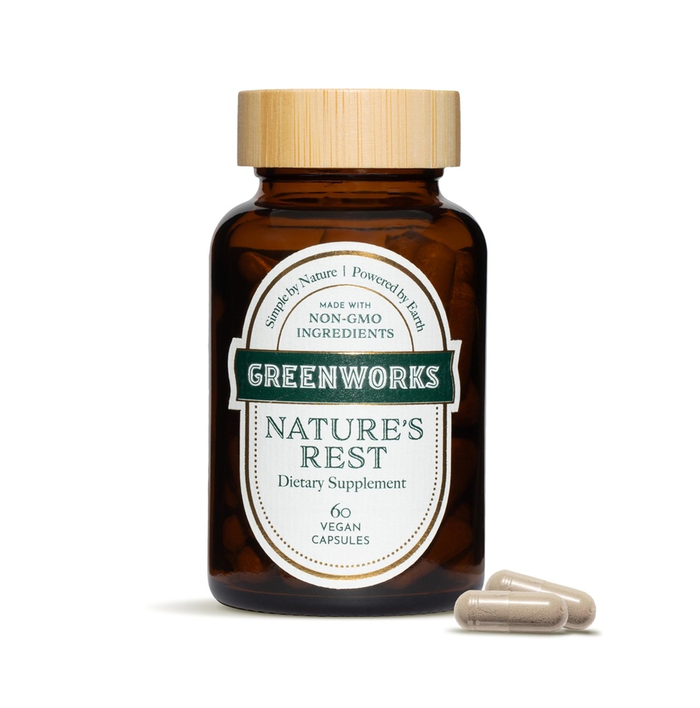 Greenworks Nature 's Rest Melatonin Free Sleep Aid - Organic Bylinný dodatek s Ashwagandha & Valerian Root - Veganské kapsle, 60 Počet.