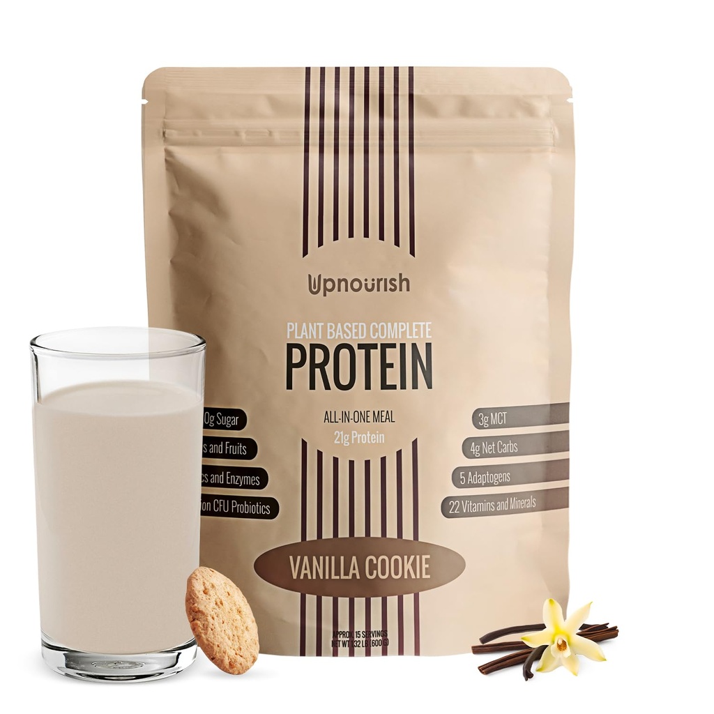 UpNourish Vanilla Cookie Vegan Protein Powder 54 Superfoods Powder, 1.5 Milion CFU Probiotika 21g Plant Based Protein, No Cukr No Dairy No GMO Dairy Free, Stravování Náhrada Shake Keto- Friendly Low- Carb Diet, 15 Serings