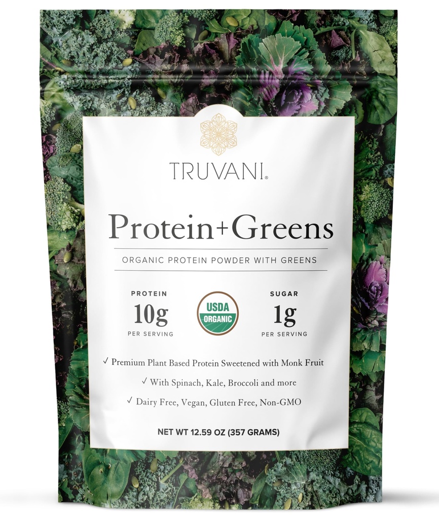 Truvani Protein + Zelený dodatek CLAS124; Špenát, Kale & Brokolice CLAS124; 10g Protein na bázi organických rostlin CLAS124; 20 Servings CLAS124; USDA Organic CLAS124; Gluten & Dairy Free CLAS124; Vegan CLAS124; No Add Sugar