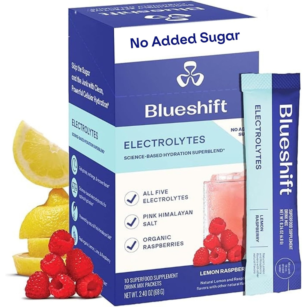 Blueshift Electrolytes - Přírodní Electrolytes Powder Packets, Organic Hydration Packets, Electrolyte Drink Mix Sticks with No Sugar, Single Serve Pack - Lemon Malina Flavor, Powder Sticks (10 Pack)