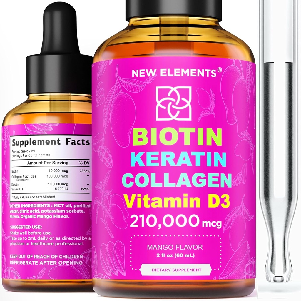 Liquid Biotin Keratin Kolagen Peptidy & Vitamin D3 pro růst vlasů MCT olejové kapky 210,000mcg - Výkonný vzorec pro vlasy kůže a nehtů, Nejpokročilejší růst vlasů doplněk pro ženy a muže