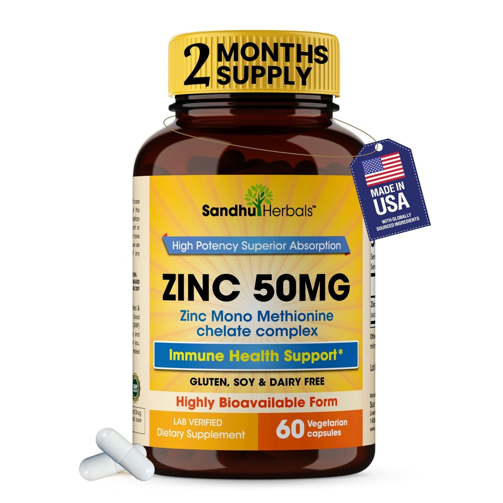 Sandhu Herbals Zinek 50mg dodatek pro muže a ženy 124; High Absorption Zinek Monomethionin Complex 60 Kapsle 124; Doplňky pro imunitní, Akne & Antioxidant Support PHAR124; Vegetarian