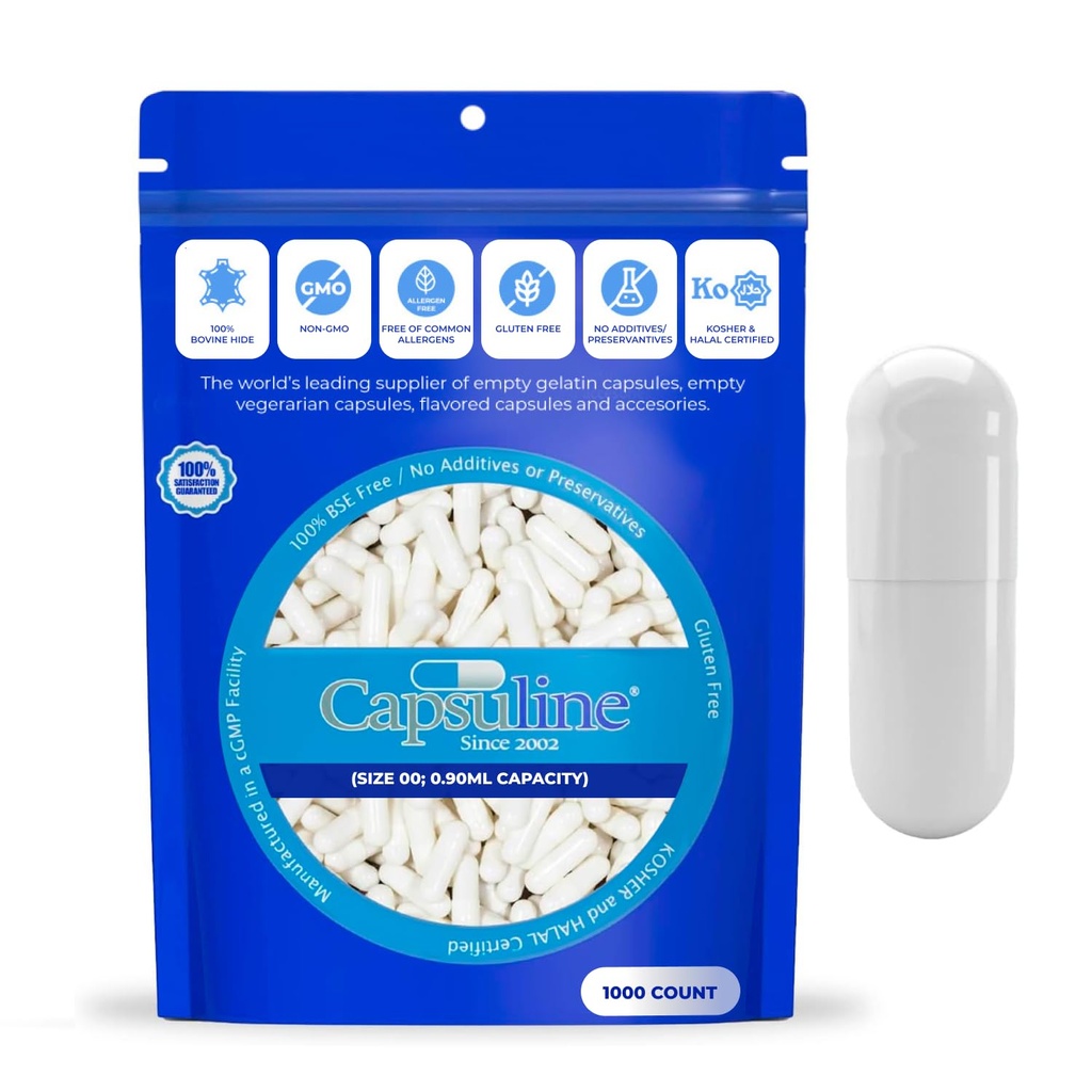 Capsuline Velikost 000 - Barevné bílé prázdné želatiny Kapsle - 1000 Počet - Prázdný gel Pill Kapsle - DIY Čisté plnicí kapsle - Prázdné kapsle - Kosher a Halal Certified - Non- GMO Certified