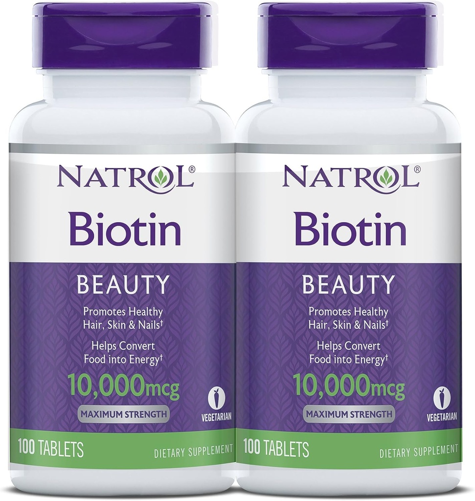 Natrol Biotin Beauty Tablety, Podporuje zdravé vlasy, kůže a nehty, pomáhá podporovat energii metabolismus, pomáhá převést potraviny do energie, maximální sílu, 10,000mcg, 100 Počet (balení po 2)