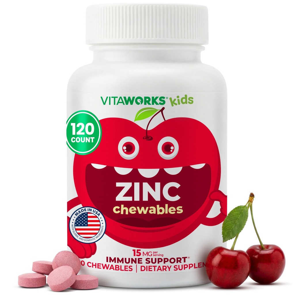 Děti Zinek 15 mg Žvýkací tablety - Přírodní třešňový flavor - Vegan, Vegetarián, GMO-Free, Gluten Free, Nut Free Vitamíny - Dietní dodatek pro imunitní podporu - pro děti - 120 Žvýkačky