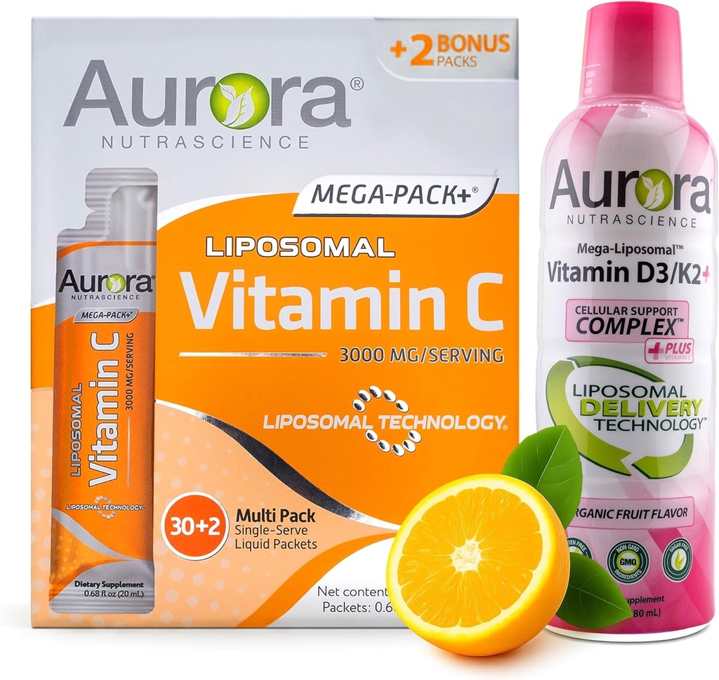 Aurora Nutrascience Mega Liposomální vitamin C 32 Pack + Vitamin D3 / K2 Lahvička - dodatek pro imunitní podporu a kognitivní zdraví - 32 Servings Each