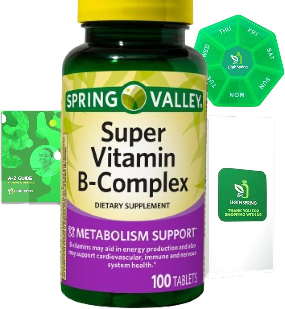 Super vitamín B-Complex 100 Tablety Dietní dodatek Bundle Exclusive Better Ligth & Spring Guide + Týdenní Pill Organizovat (3 položky)