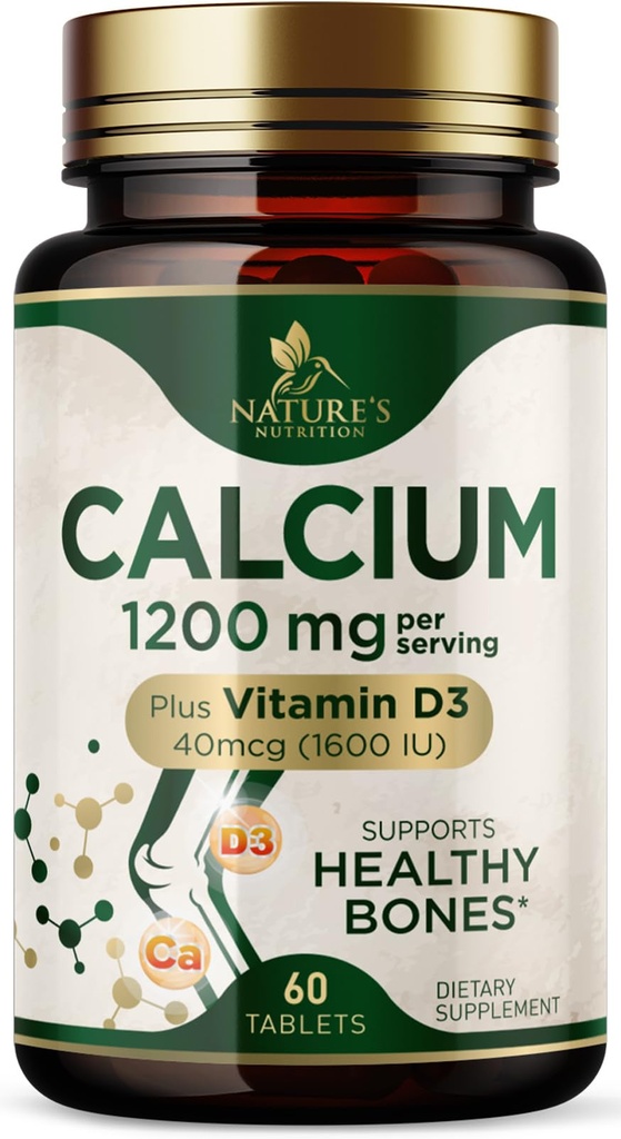 Vápník 1200 mg s vitaminem D3 - dodatek k léčbě kostí, vitamín D & vápník doplňky pro ženy a muže - Síla kostí, zuby & imunitní podpora, Nature 's Calcium Pills, Lahvička v USA - 60 Tablety