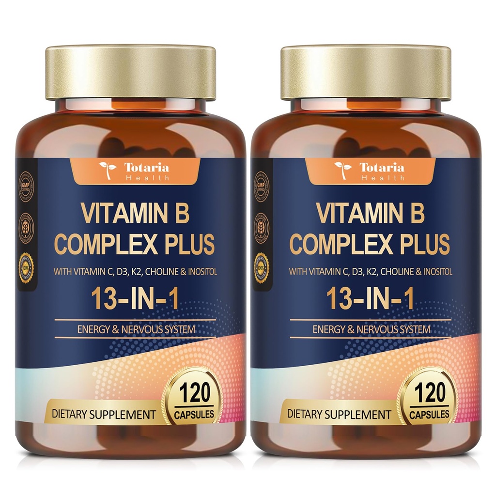 13- in-1 vitamin B komplex Plus s vitaminem B1, B2, B3 (Niacin), B4, B5, B6, B7 (Biotin), B8 (Inositol), B9 (Folát), B12, C, D3, K2 pro energii, Nerve, imunitní, kůže - 120 Caps per Bottle - 2 Lahve