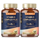 13- in-1 vitamin B komplex Plus s vitaminem B1, B2, B3 (Niacin), B4, B5, B6, B7 (Biotin), B8 (Inositol), B9 (Folát), B12, C, D3, K2 pro energii, Nerve, imunitní, kůže - 120 Caps per Bottle - 2 Lahve
