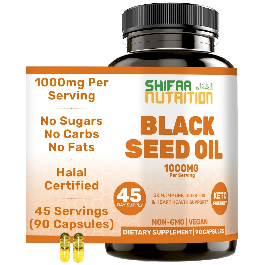 SHIFAA NUTRITION HALAL Black Seed Oil CLANE124; 1000mg 45 Servings CLANE124; Nigella Sativa, Kalonji CLANE124; Podporuje vlasy, kůže, spojky, imunitní, srdce, trávení