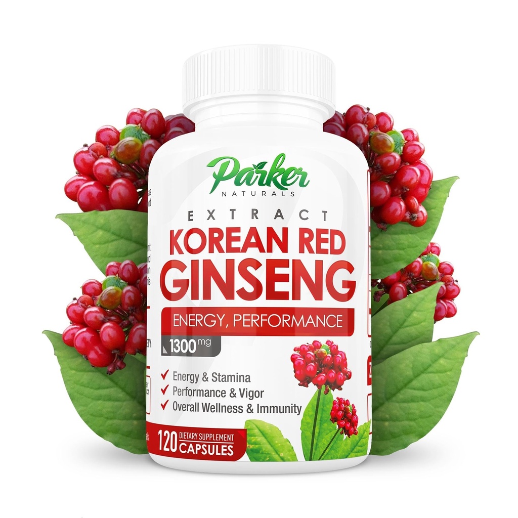 Parker Naturals Korean Red Ginseng Extract, 1300mg Extract with Ginger Root and Black Pepper, 20% Ginsenosids Red Panax Ginseng Supplement, 120 Caps