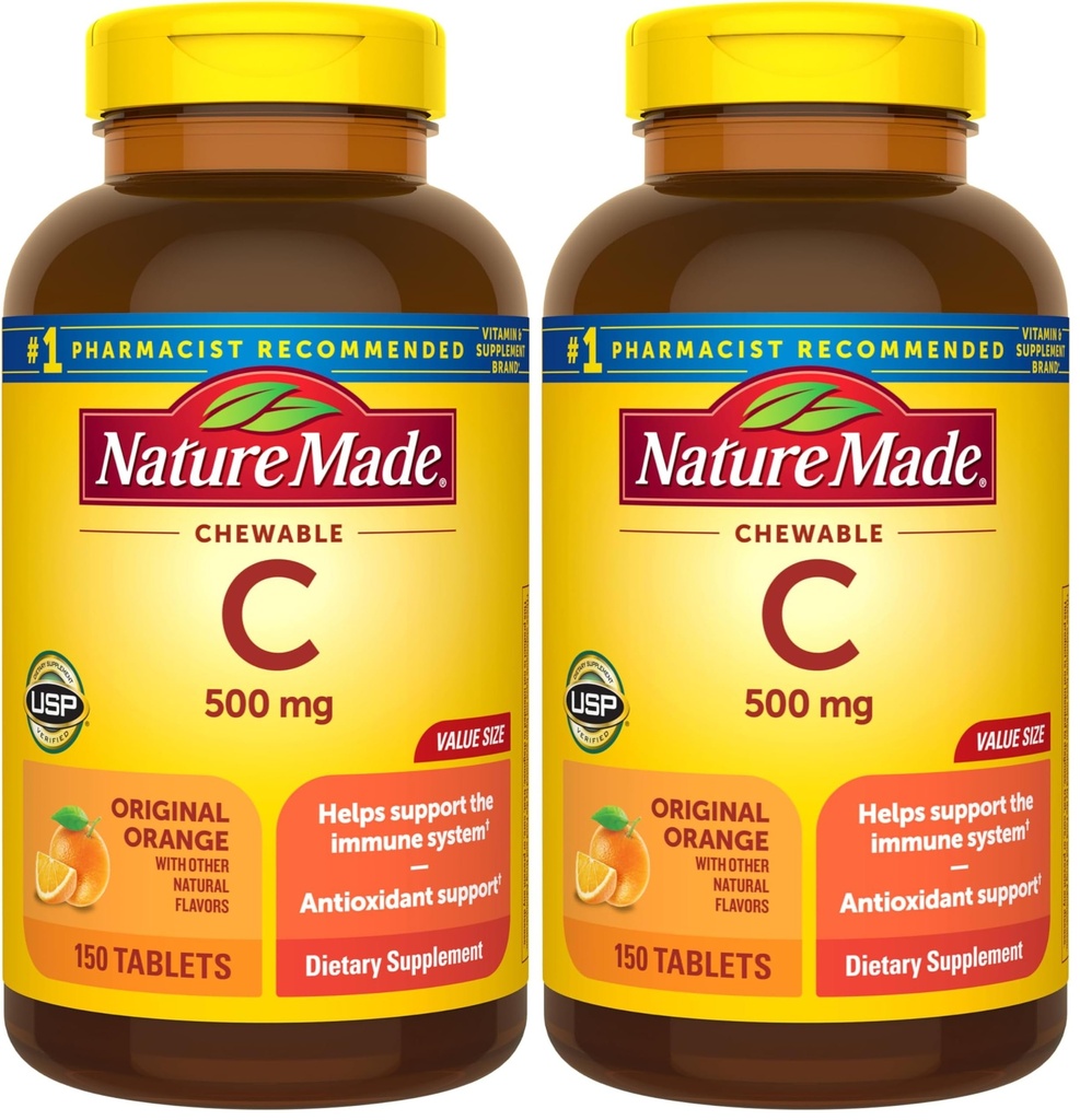 Nature Made Chewable Vitamin C 500 mg, Dietní doplněk vitaminu C pro imunitní podporu, 150 Tablety, 150 denní dodávka (balení po 2)