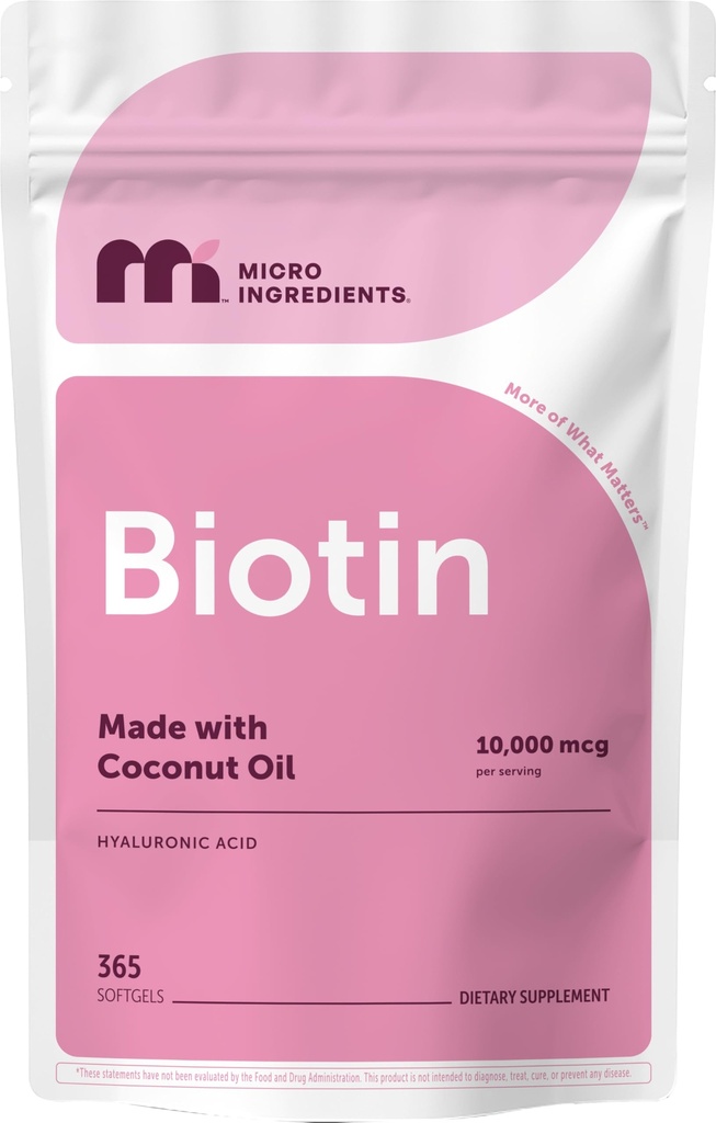 Micro Ingredients Biotin 10 000 mcg s hyaluronovou kyselinou 25 mg Per Serving CLAS124; Made with Coconut Oil CLAS124; 365 Softgels CLAS124; 1 per Day CLAS124; One Year Supply CLAS124; Non- GMO & Gluten Free