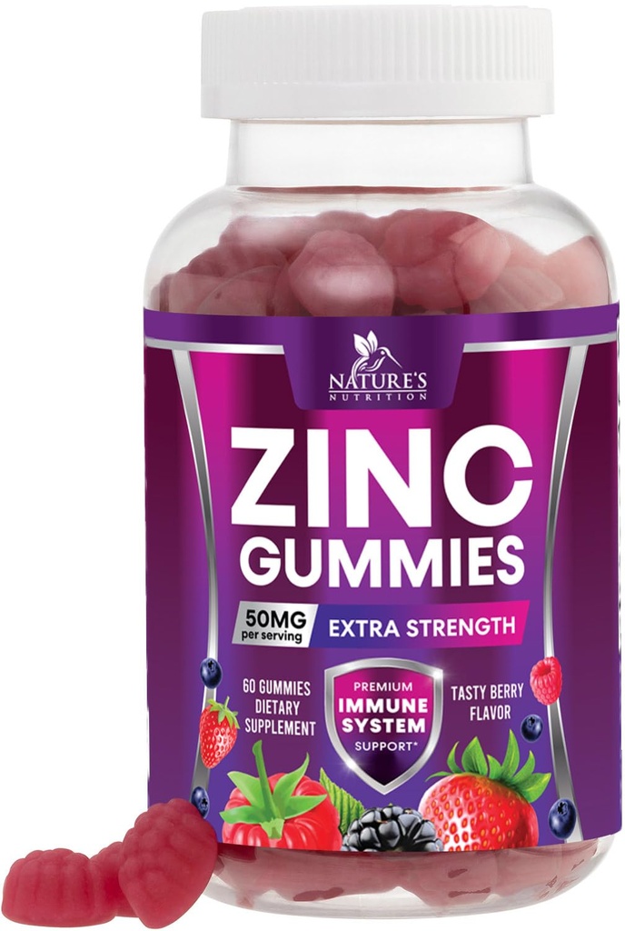 Zinek Gummies 50 mg - Kostní kůže a imunitní podpora zdraví Gummy & Premium Antioxidant Žvýkací pro dospělé - Vysoce absorpční vegan, gluten Zinkové doplňky Vitamin - Chutné Berry Flavor - 60 Gummies