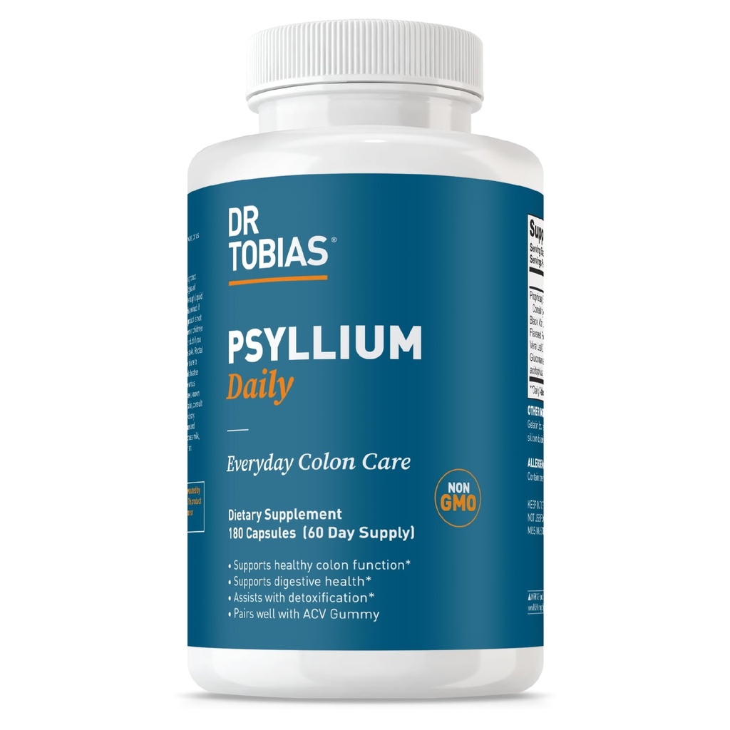 Dr. Tobias Psyllium Daily, Podporuje zdravé Bowel hnutí, Psylium Husk Kapsle s Bentonit Clay, Lněná semena a přírodní přísady, Denní Fiber dodatek v podpoře zdraví Colon, 180 Kapsle