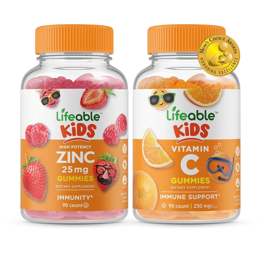 Živý zinek 25mg Děti + Vitamin C Děti, Gummies Bundle - Velký Ochutnávka, Vitamin dodatek, Lepek zdarma, GMO zdarma, Žvýkací Gummy