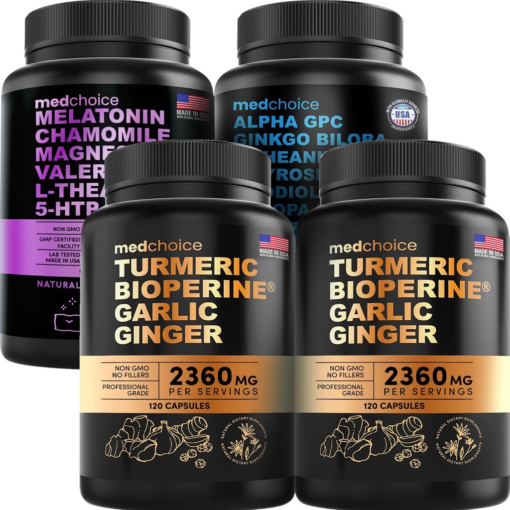 MEDCHOICE Turmeric & Ginger (240ct), Sleep Melatonin (90ct), a Nootropic Brain (60ct) Doplněk Bundle - Wellness Trio pro mozek, spánek, a imunitní podpora - Vegan, Non- GMO, gluten- zdarma