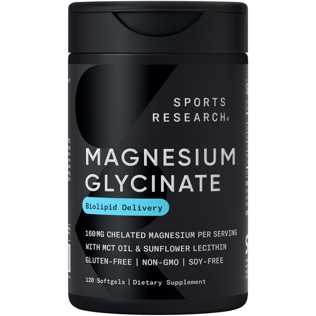 Sports Research ® Magnesium Glycinát - Suports Restful Sleep & Enzymatic Processes - 160 mg Chelated Magnesium - Liquid Softgel - 120 Počet
