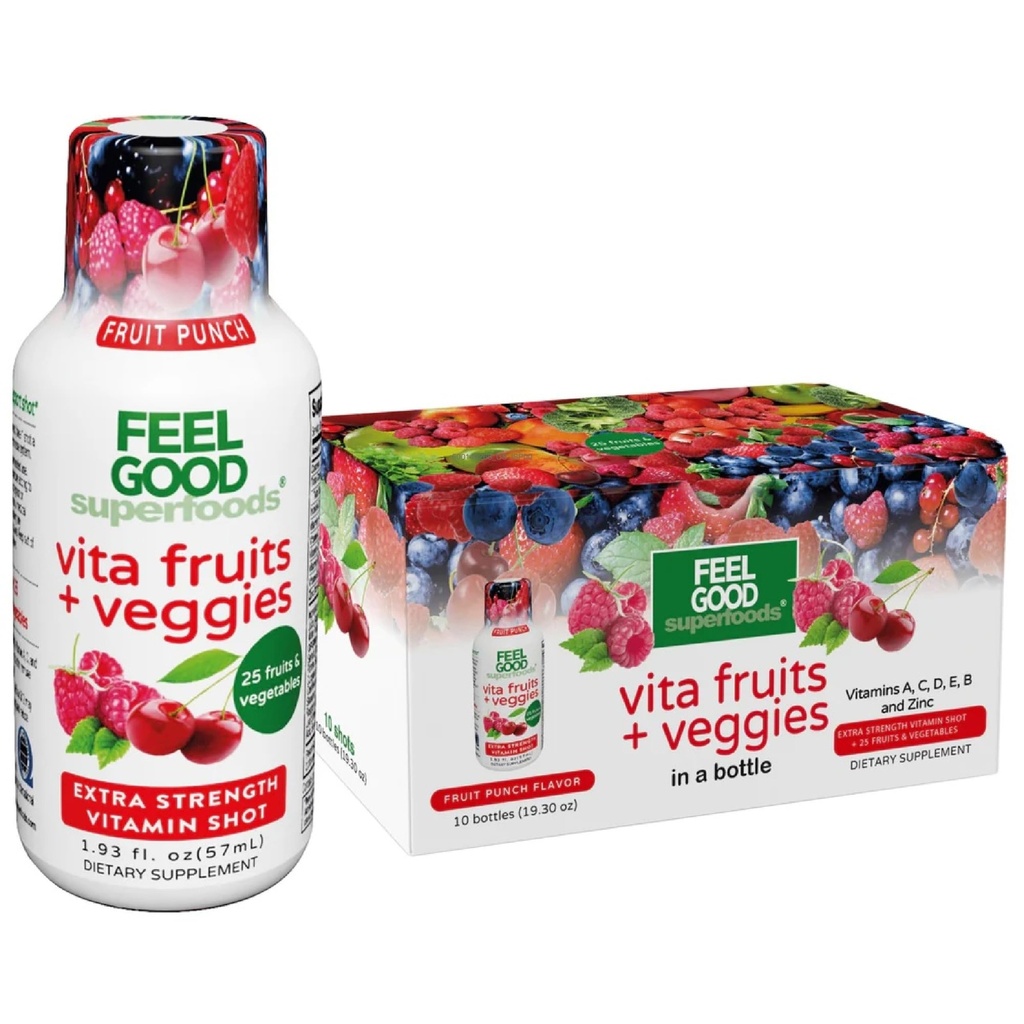 FeelGood Superfoods Vita Ovoce a Veggies Imunitní podpora Shot doplňky, Ovoce Punch Flavor, Balení 10 panáky imunity, imunitní systém Booster nápoj vyrobený s 25 Organic Ovoce & Zelenina