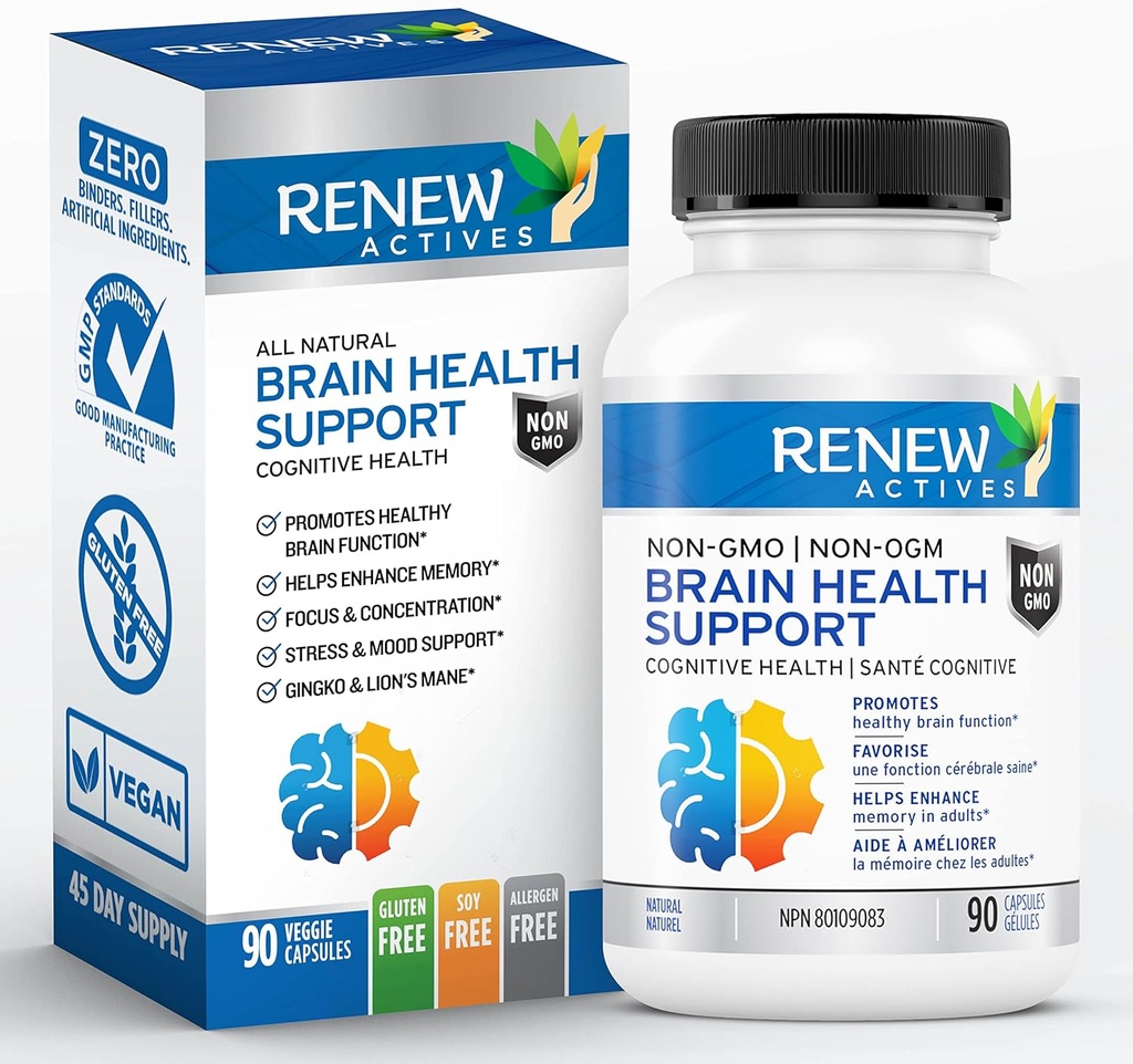 Reew Actives Brain Health Support - Bacopa 300MG, Ginkgo 100MG, Lion 's Mane 200MG per 2 Capsules - Podporuje kognitivní zdraví, vylepšené paměti, podporuje soustředění a nálady - Made in Canada - 90 Kapsle