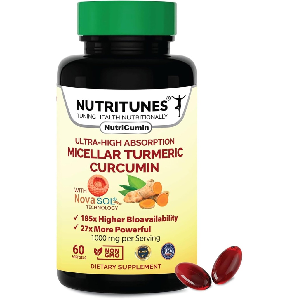 Kurkumin doplňkový 1000mg pro společnou podporu 185x Biologicky dostupné a vysoce absorpční s NovaSOL technologií - 60 NutriCuminových Softgels