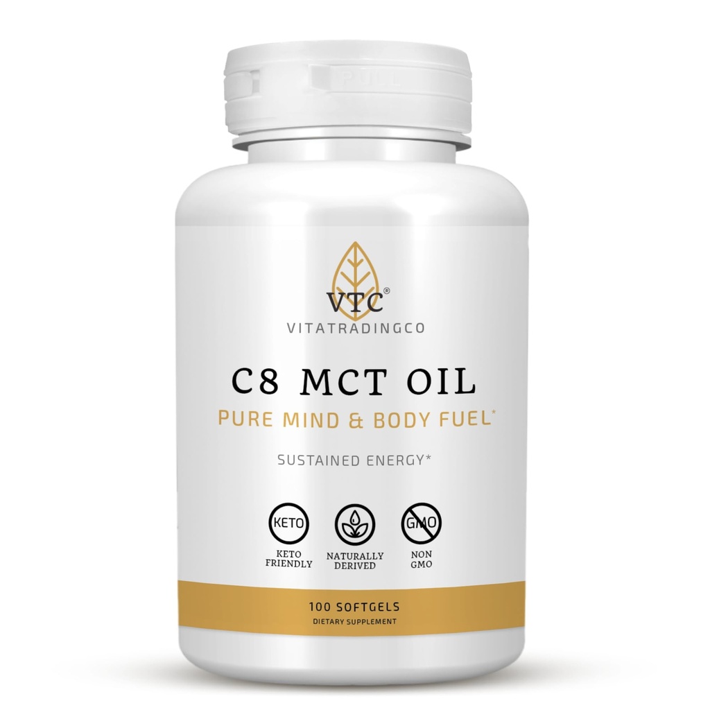 VTC VitaTradingCo. C8 MCT Oil Kapsle 124; Přirozeně odvozené Kapsle C8 dodatek 124; Coconut Oil Pills 124; Setrvalá energie 124; Keto Friendly, non GMO 124; 100 Softgels