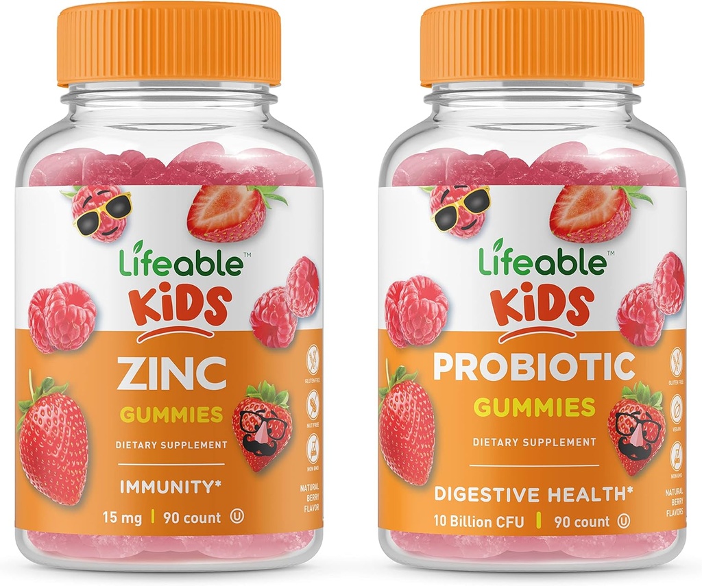 Živé zinkové děti + Probiotika 5 miliard dětí, Gummies Bundle - Velký přípitek, doplněk vitamínu, gluten zdarma, GMO zdarma, Žvýkací žlab