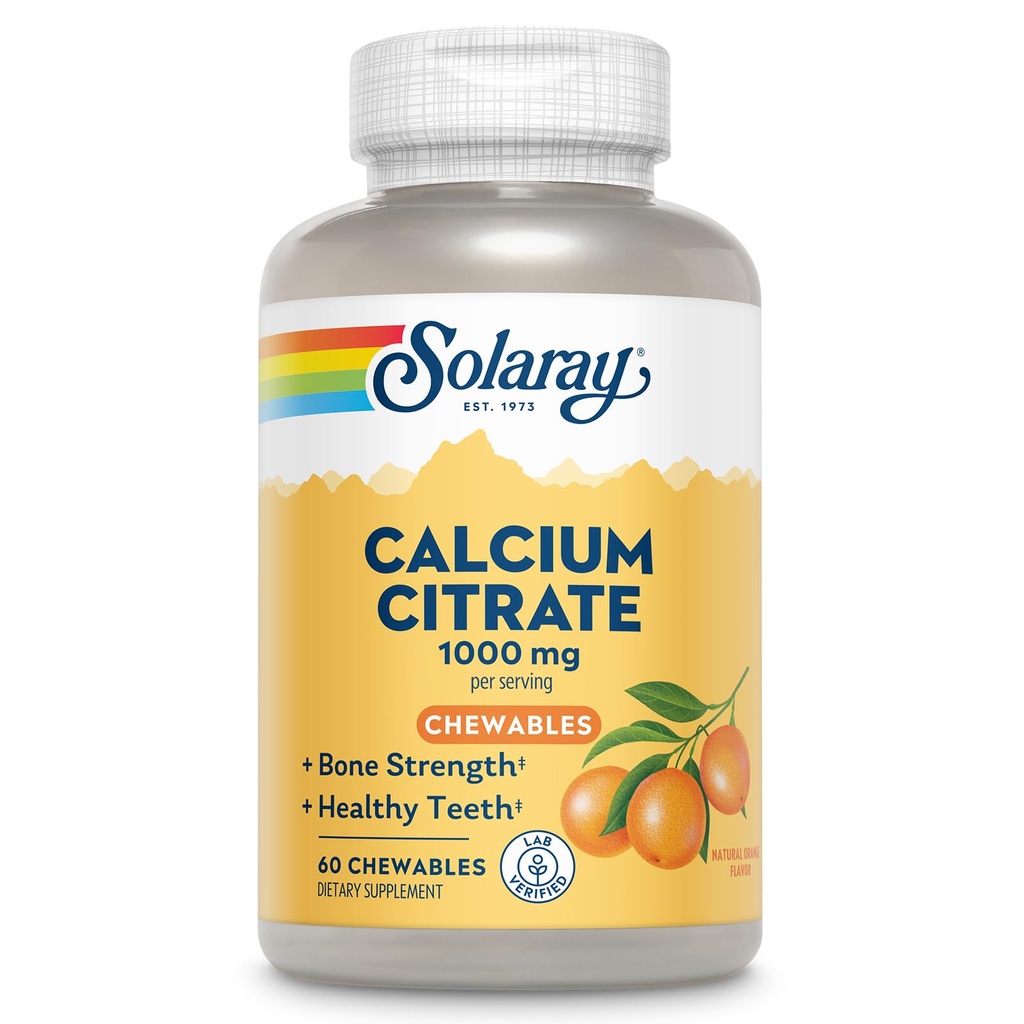 Solaray vápník Citrát 1000 mg, přírodní pomerančový ochucený doplněk vápníku pro sílu kostí, zuby, nerv, svalů, a srdeční funkce podpora, 60- denní záruka, 15 Služeb, 60 Žvýkačky