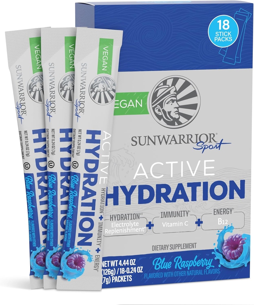 Sunwarner Hydration Powder Electrolyte Packets Powder B12 Elderberry CUR 124; Blue Raspberry Ochucené 18 Stick Packs 126g Pouch CUR 124; Vegan a Plant- based Sugar Free