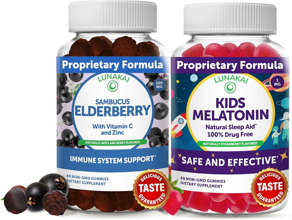 Lunakai Dospělý Elderberry a děti Melatonin Gummies Bundle - Imunitní podpora se zinkem a vitaminem C pro dospělé a děti - Non- GMO, Vegan, gluten zdarma přírodní spánkový Gummy
