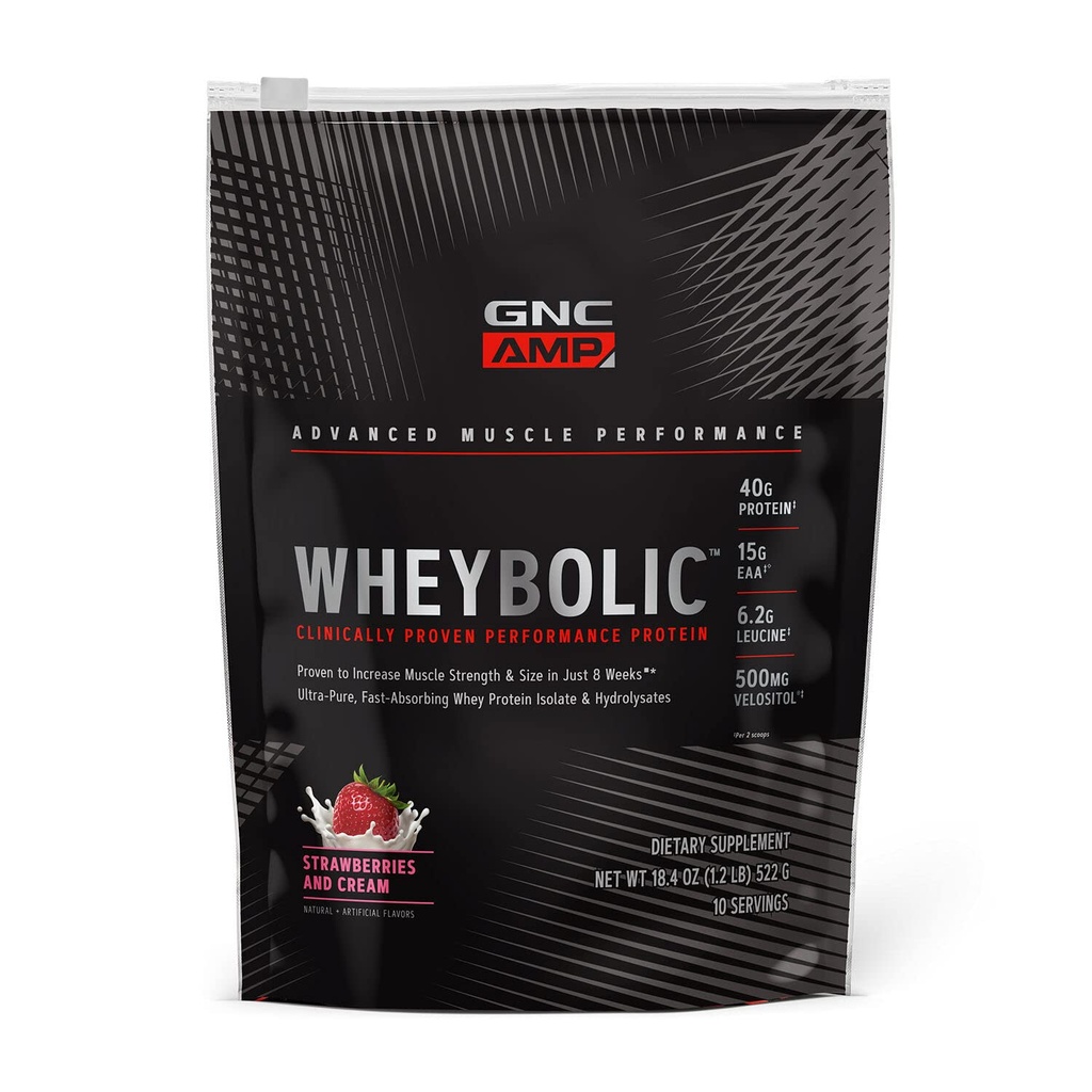 GNC AMP Wheybolic Klinicky osvědčený proteinový prášek, 40 g syrovátkového proteinu, BCAA, Leucin, Zvyšuje svalovou sílu, budování svalů, třetí strana testována, gluten zdarma, Jahody a krém, 10 Služeb