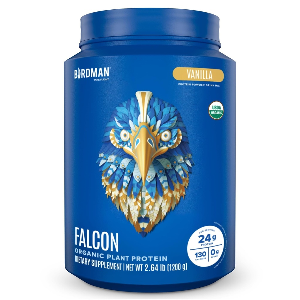 BIRDMAN Falcon Vegan Protein Powder Organic, Stevia & Sugar Free, Plant Based Protein, Low Carb, Dairy Free, Keto, Non Whey Protein, Probiotic, Pea Protein Rubber 124; Vanilla Flavor - 37 Servings - 2.64lb