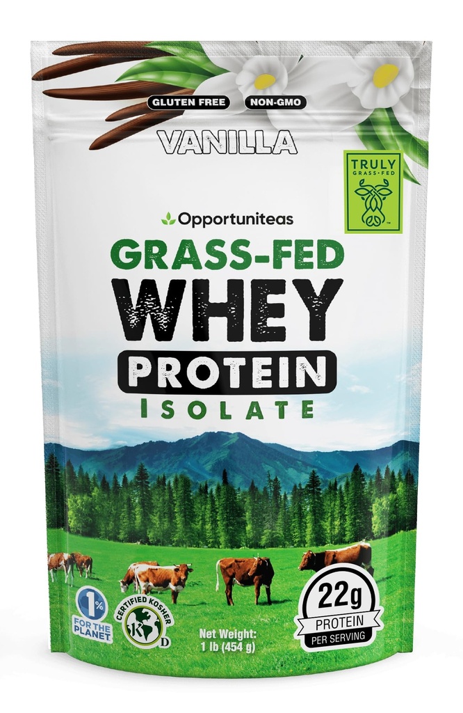 Oportuniteas Grass Fed Vanilla Whey Protein Isolate Powder - 22g Protein Powder Without umělé sladkosti, Hormone- Free Cows, Non GMO - 1lb